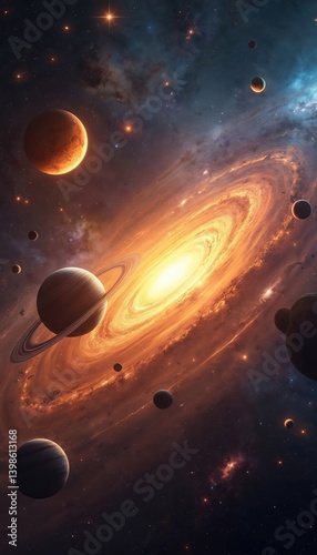 Fototapeta Naklejka Na Ścianę i Meble -  Spectacular view of the solar system galaxy with bright stars and planets, nebulae, cosmic dust. Deep space background with vibrant colors. Amazing cosmic landscape illustration.