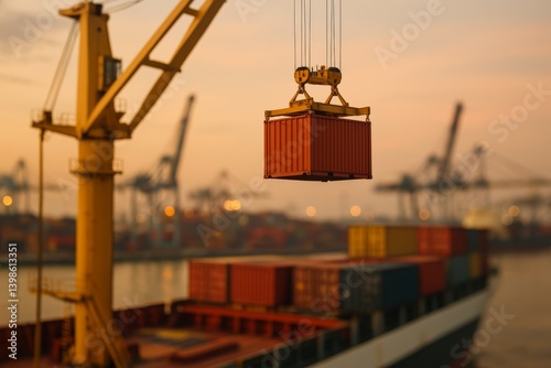 Cargo Being Loaded Onto a Ship at a Busy Port at Sunset Near Water