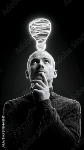 A man thinking with light bulb above him on black background.