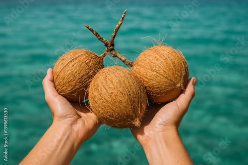 Hands Holding Three Spherical Coconuts Above Clear Turquoise Water