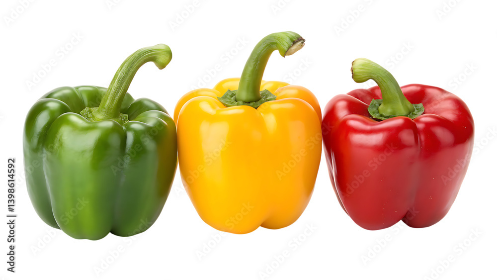Colorful bell peppers: red, yellow, and green on transparent background Colorful bell peppers: red, yellow, and green on transparent background