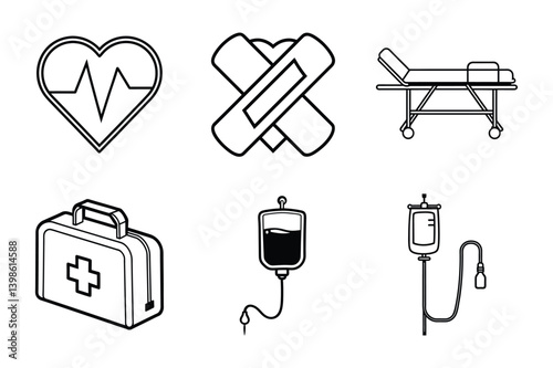 Healthcare Icons Heartbeat Bandage First Aid Bed IV Drip Medical Kit