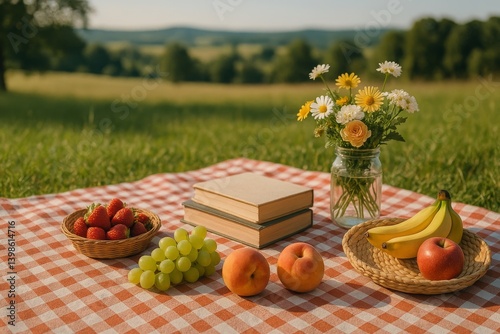 Enjoying a Summer Picnic on a Grassy Field With Fresh Fruits and Books