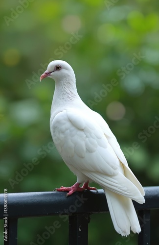 White dove rests on black railing against blurry green backdrop. Bird symbol of peace. Wildlife portrait, natural beauty. Concept of freedom, purity, love, serenity. Wedding, celebration theme. photo
