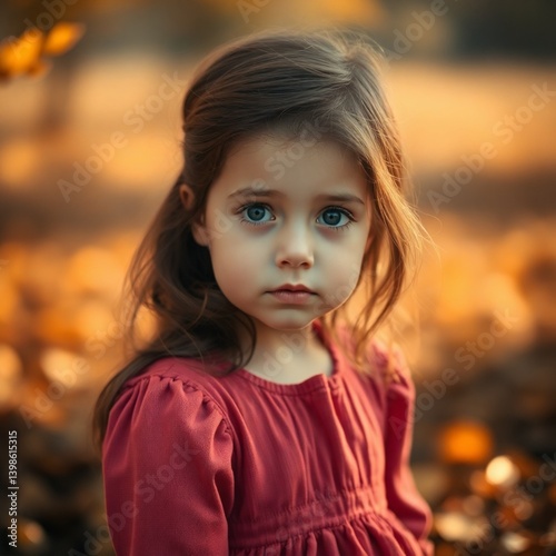 A photo depicting a little girl with brown hair wearing a rose-colored dress, bathed in soft cinematic haze and warm autumn colors. Earthy and cozy aesthetic, soft focus, hazy background.
