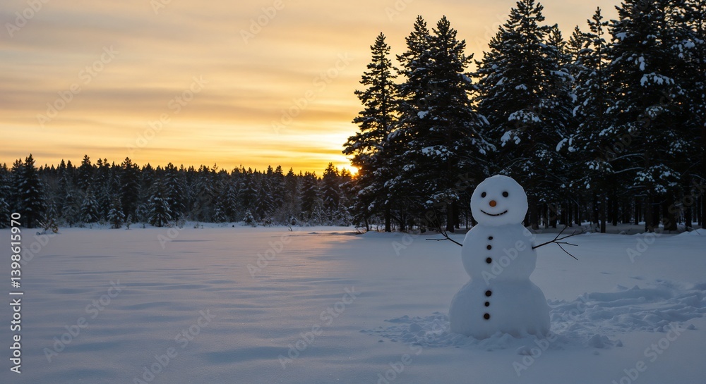 Fototapeta premium Snowman smiling in a snowy landscape at sunset 