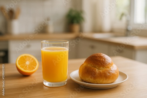Breakfast Table With Fresh Orange Juice and a Pastry in a Cozy Kitchen Setting