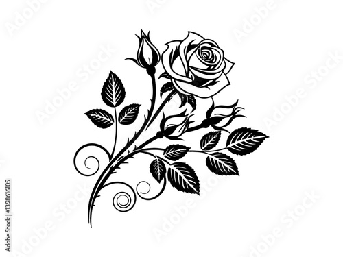 Set of decorative rose with leaves. Flower silhoutte. Vector illustration. Set of three vector black silhouettes of rose flowers isolated on a white background.