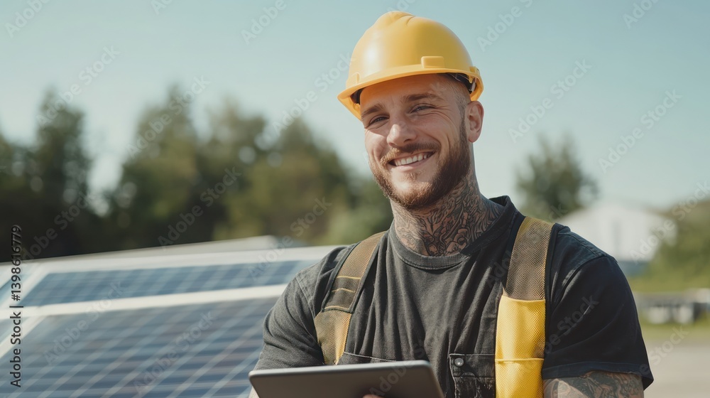 Confident worker manages solar panels with tablet wearing headgear and harness