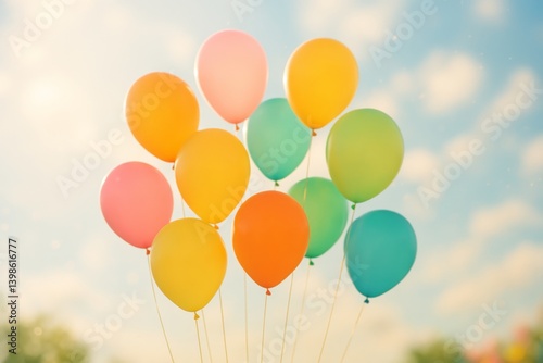 Colorful Balloons Float in a Blue Sky During a Sunny Afternoon Event in a Park