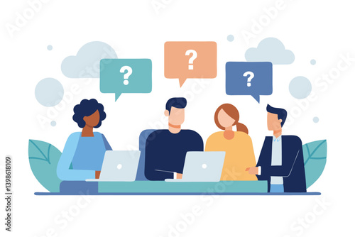 Cartoon illustration, diverse office team, coworkers collaborating, question marks in speech bubbles, problem-solving, brainstorming session, laptop computer, colorful flat design, 