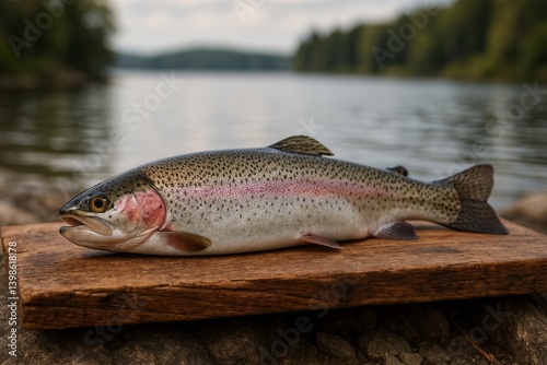 Freshly Caught Rainbow Trout Displayed on a Wooden Board by a Tranquil Lake D...
