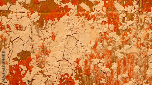 Photograph of an old cracked paint surface in different shades of light brown and orange as a wallpaper.