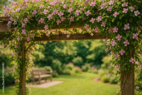 Elegant Garden Pergola Adorned With Blooming Flowers in a Serene Backyard Set...