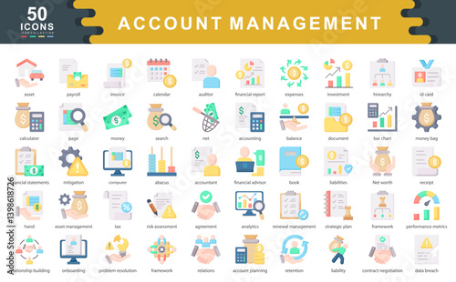 50 icons focused on account management, covering finance, reporting, planning, and client relations. Perfect for business, HR, auditing, and financial service applications.
