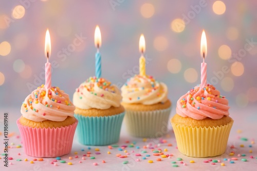 Colorful Birthday Cupcakes With Candles on a Festive Background Celebrating a...