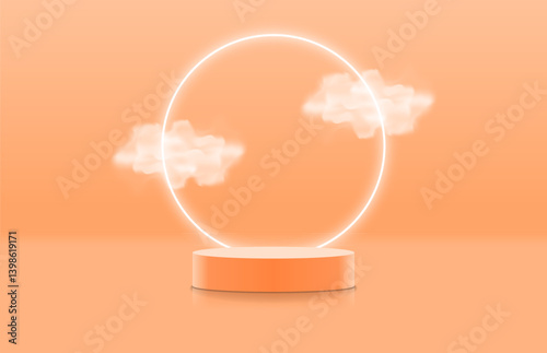 Abstract realistic orange 3d cylinder podium with clouds and circle ring lighting elegant. Minimal scene for product mockup. Pedestal for cosmetic product display. Vector geometric platform.