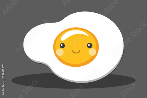 Cartoon Fried Egg with Smiling Face Isolated on Gray Background Flat Design