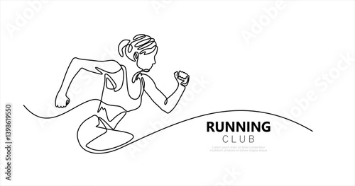 One continuous line drawing of young woman athlete runner focus sprint run. Individual sport, competitive concept. Dynamic single line draw design vector illustration for running competition poster
