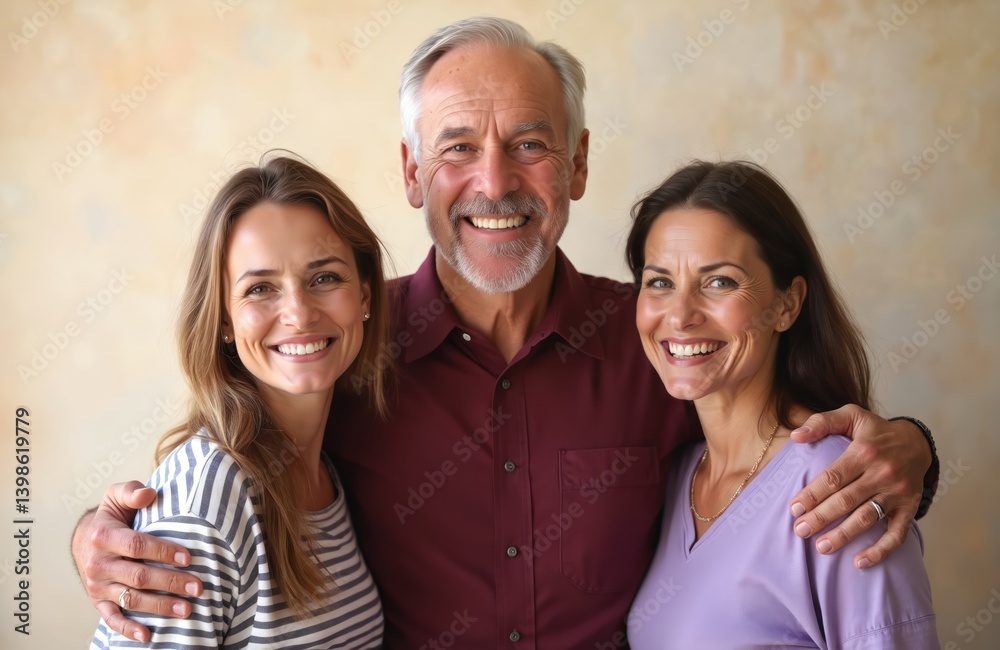Fototapeta premium Portrait of happy family. Senior man hugs adult daughter and wife, they smile. Three generations portrait. Love, happiness, family, joy, positive relationships, togetherness, care and support concept.