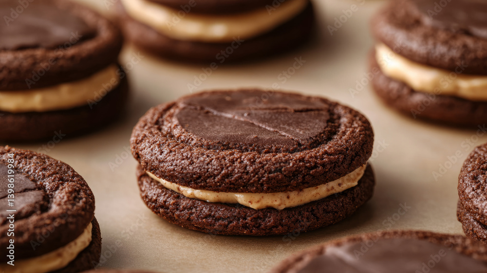 Chocolate cookies with creamy filling on parchment paper. Chocolate cookies with creamy filling on parchment paper.