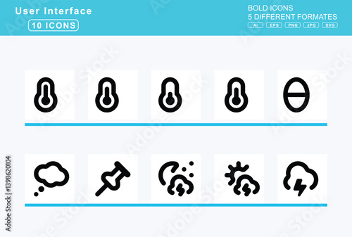 Set of 5 bold user interface icons, snooze, icon, flat, vector, snow, blowing, snowboarding, snowflake, snowflakes, snowman, head, snowmobile