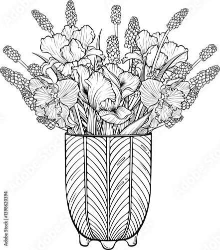 Tall vase with spring flowers irises, daffodils, muscari, Ceramic or plastic flowerpot. Vector illustration in hand drawn sketch doodle style. Line art isolated on white for coloring book, print