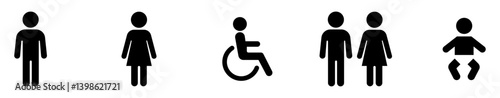 Set of restroom and accessibility icons including male, female, wheelchair, unisex, and baby symbols on a white background. Icons, vector, symbols.