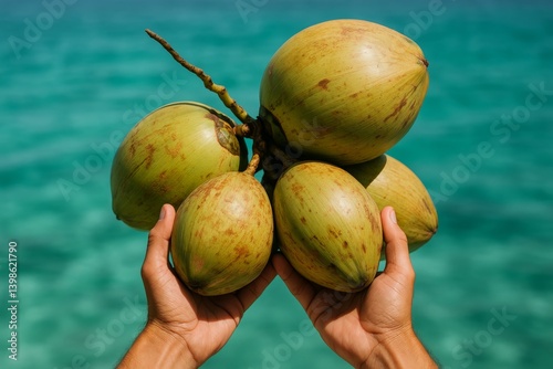 Fresh Green Coconuts Held Above Clear Blue Water in a Tropical Setting