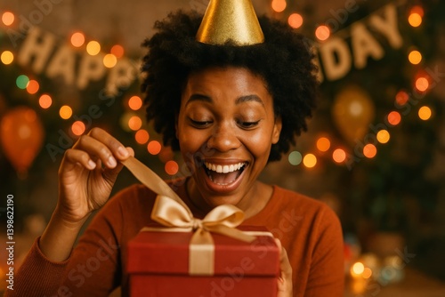 Excitement and Joy Fill the Room as a Woman Opens a Gift During a Festive Bir...