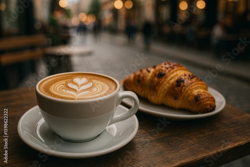 Enjoying a Warm Coffee and Croissant in a Cozy Cafe Setting on a Sunny Morning