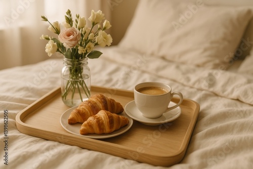 Morning Coffee and Croissants Served on a Cozy Bed With Fresh Flowers in a Jar
