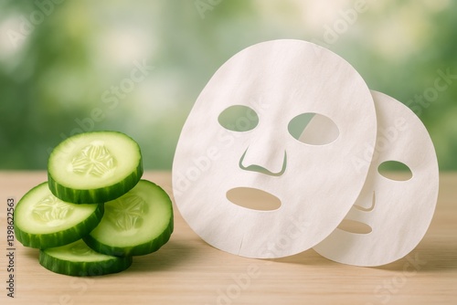 Refreshing Skincare Routine With Cucumber and Hydrating Face Masks on Wooden ...