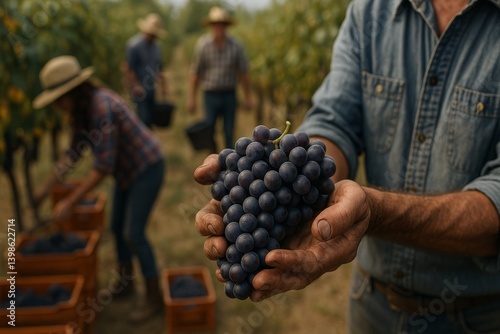 Workers Harvesting Grapes Under the Sun in a Vineyard During the Early Autumn...