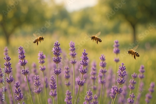 Bees Gather Nectar From Blooming Lavender in a Peaceful Garden During Golden ...