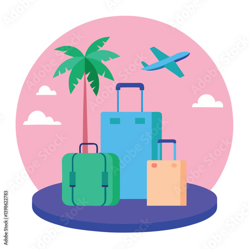 Colorful Luggage Flat Design with Palm Tree and Airplane Against Pink Background