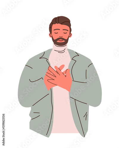 Mental health concept with calm man. Takes care of her mental well-being. Awareness, mindfulness and No stress. For flyer, banner, social media post, ads