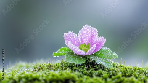 A delicate pink flower with dew drops in the center of lush green moss, close-up nature scene with soft focus background, and serene and peaceful.