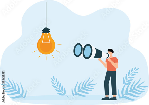 Creative ideas for new jobs, Looking for new ideas for business opportunities or new projects. Businessman using binoculars to look for light bubble idea.
