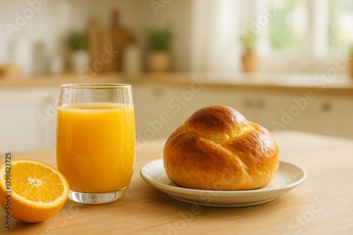 Breakfast Table With Fresh Orange Juice and a Pastry in a Cozy Kitchen Setting
