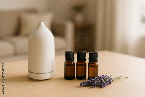 Aromatherapy Essentials Displayed With an Essential Oil Diffuser and Lavender...