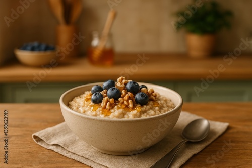 Oatmeal Bowl Topped With Blueberries and Nuts in Cozy Kitchen Setting During ...