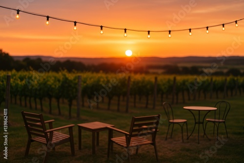 Relaxing Sunset View Over Vineyard With Outdoor Seating and Warm String Lights