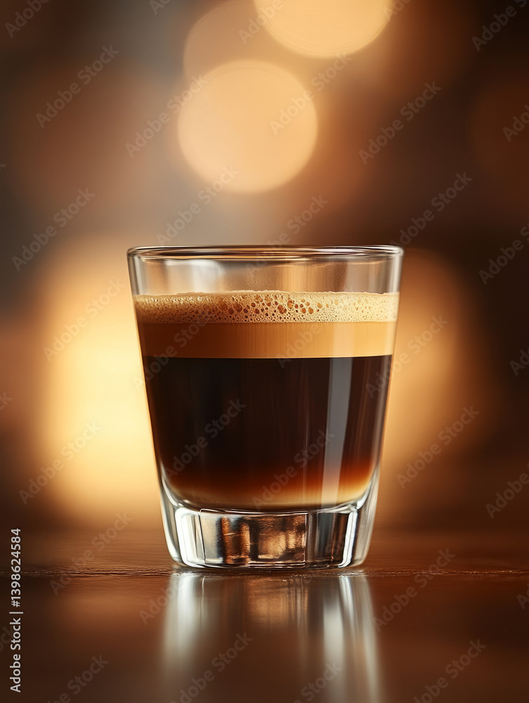Glass of espresso on wooden table with warm bokeh background. Glass of espresso on wooden table with warm bokeh background.