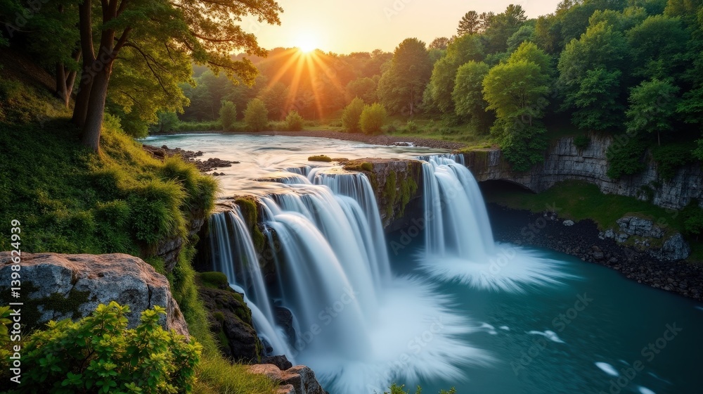 Naklejka premium Cascade du Ray Pic in France bathed in early sunlight during a mild summer morning, seen from above.