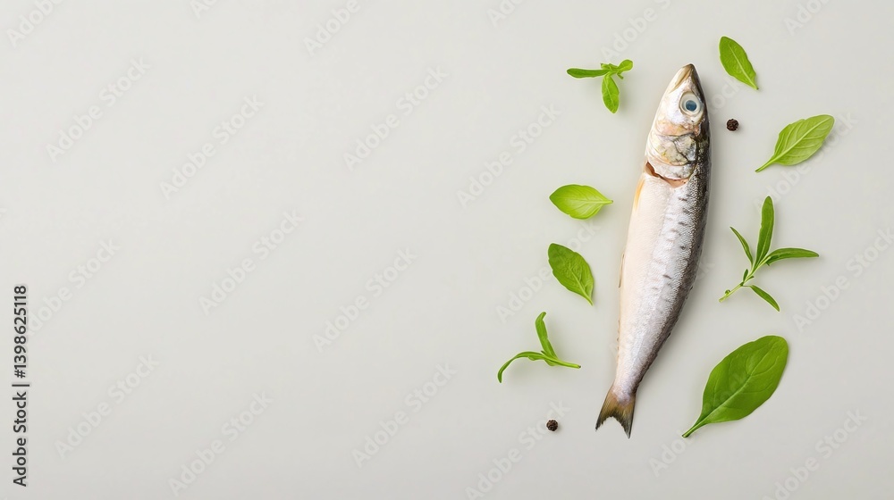 Minimalistic raw mackerel styling, copy space on gray backdrop, top view single fish composition, fresh mackerel with herb accent, clean seafood ingredient photo
Minimalistic raw mackerel styling, copy space on gray backdrop, top view single fish composition, fresh mackerel with herb accent, clean seafood ingredient photo