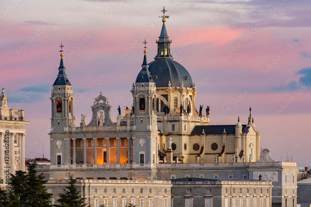 La Almudena (Royal cathedral) at sunset in Madrid, Spain