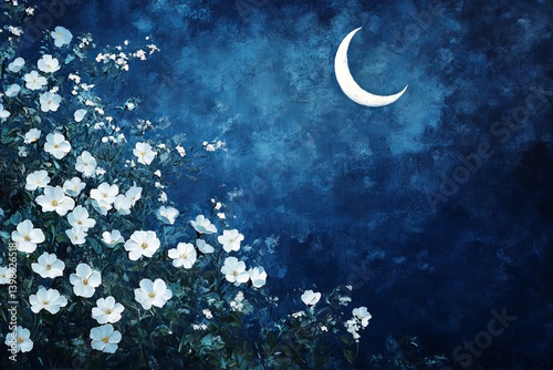 Impressionist abstract painting of white flowers and crescent moon against a dark blue night sky