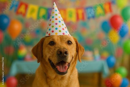 Happy Golden Retriever Celebrating Birthday With Colorful Decorations and Bal...