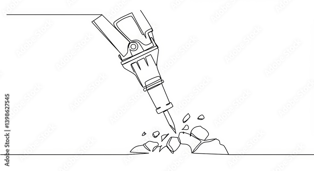 Minimalist line art: Hydraulic hammer breaking rock with single continuous line Minimalist line art: Hydraulic hammer breaking rock with single continuous line